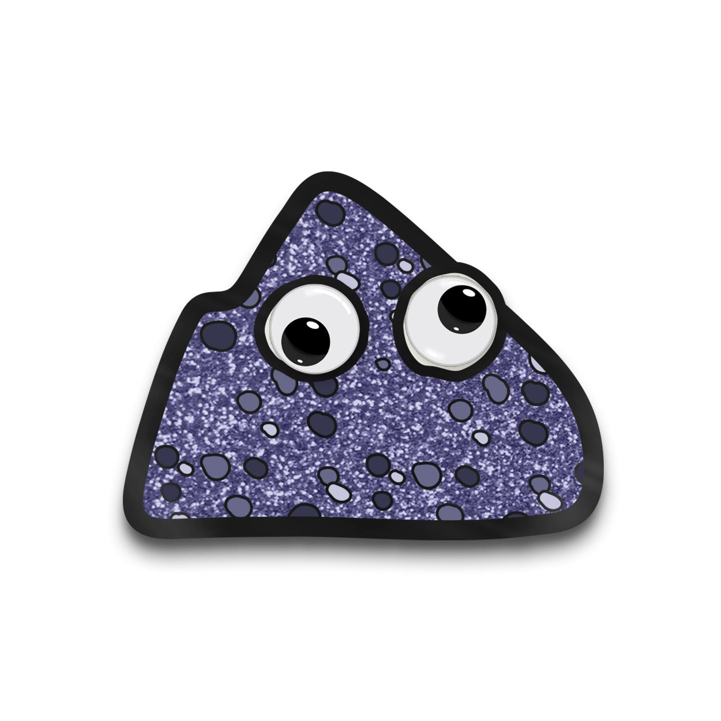 A mockup of an enamel pin of a glittery rock with googly eyes
