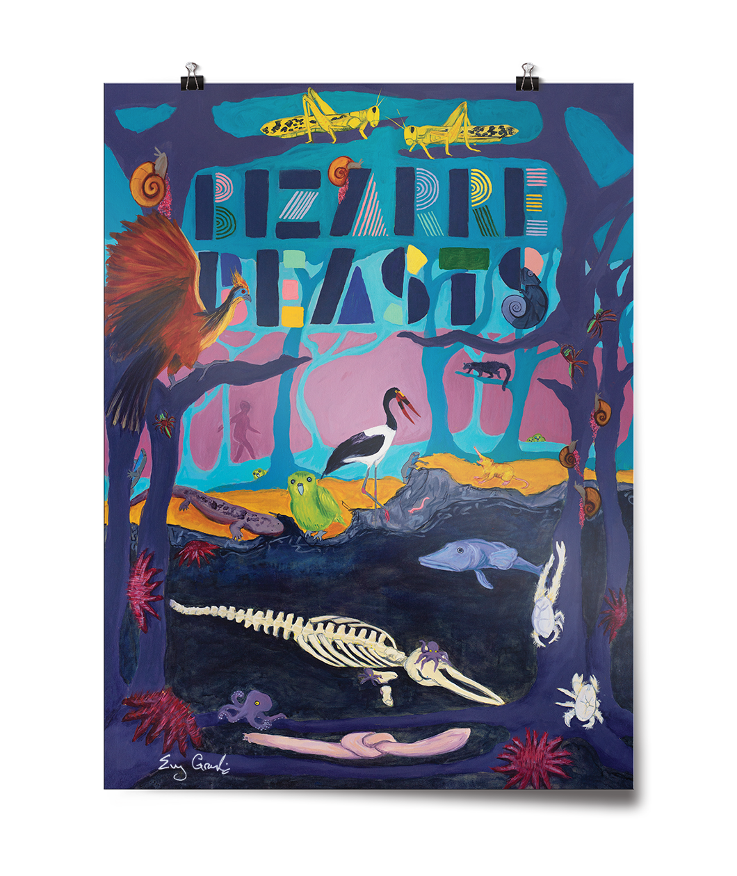 A poster of a painting done by Emily Graslie, featuring different Bizarre Beasts all together in a forest scene.