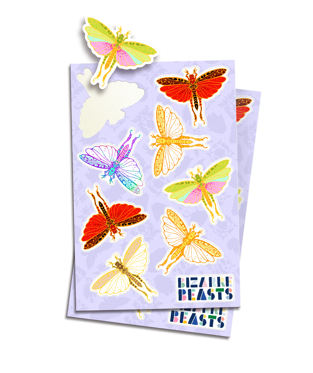 Five different designs of a drawing of a locust. Stickers are on a sheet with a lavender background with different bizarre beasts designs in silhouette. “Bizarre Beasts” is in the bottom right corner, each letter formed out of geometric shapes in varying colors - from Bizarre Beasts