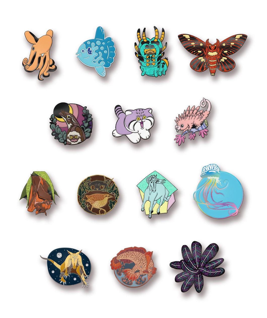 A grid of pins that are each different animals from past Bizarre Beasts designs. They are all part of the Season Zero Pin Set.