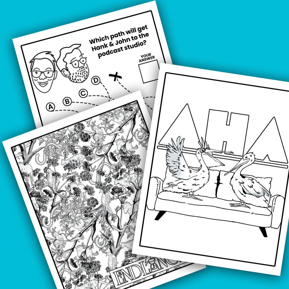 A digital mockup featuring previews of 3 pages from the Complexly Coloring & Activity Book.