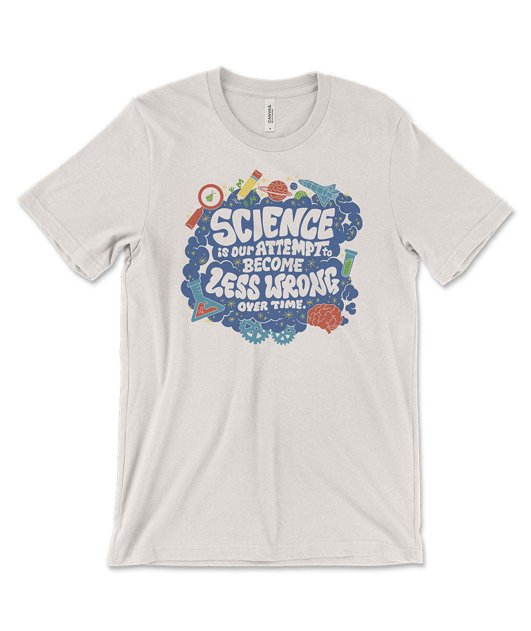 A mockup of an off-white t-shirt with a design featuring scientific iconography and the text "Science is our attempt to become less wrong over time."