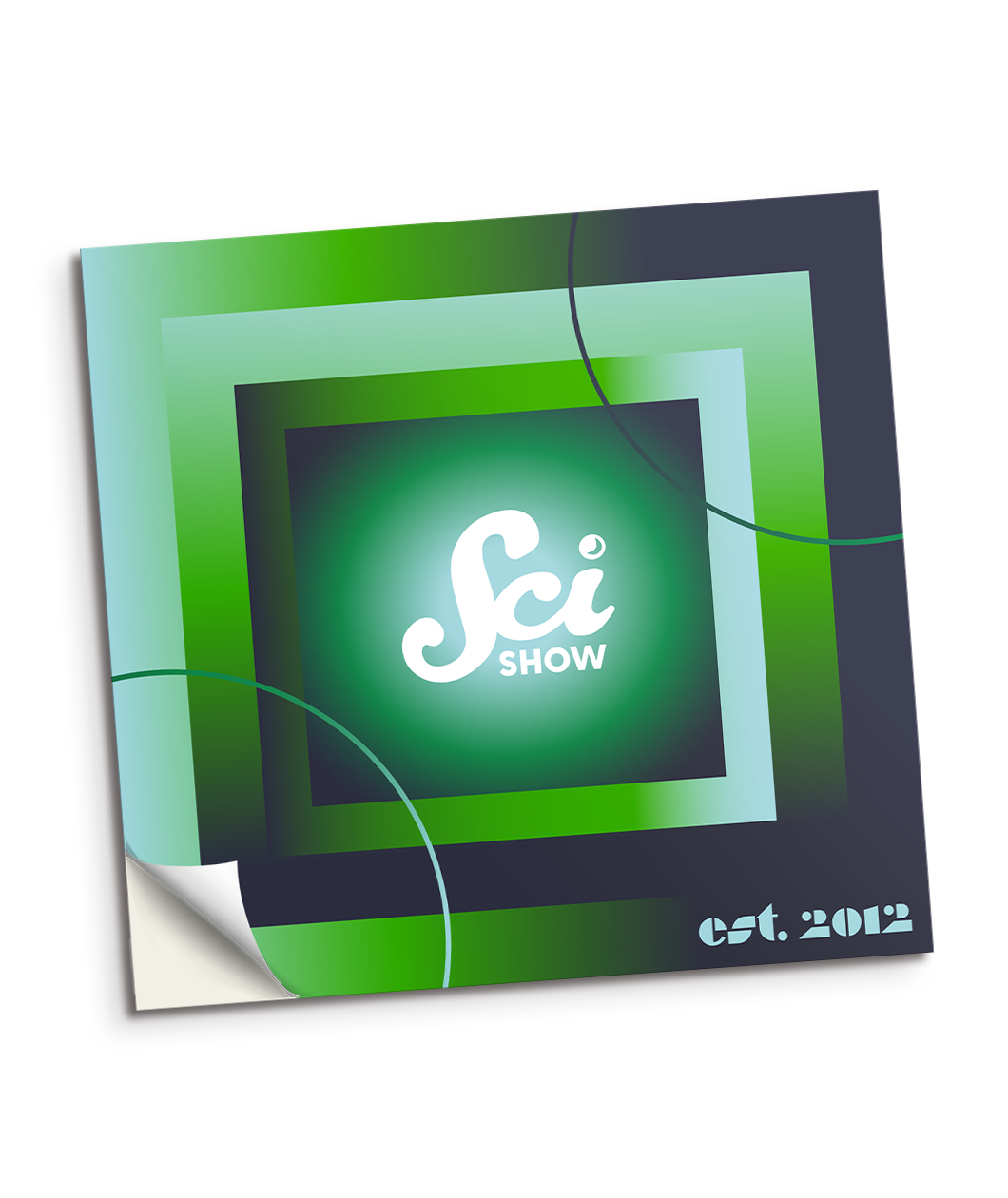 A square Scishow decal in dark blue and green gradients with the Scishow logo in white in the middle of the decal. Small text in the bottom right corner reads "est. 2012".