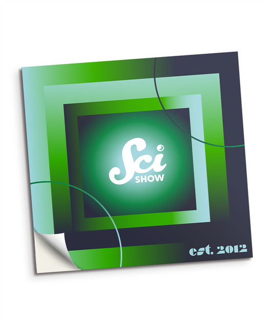 A square Scishow decal in dark blue and green gradients with the Scishow logo in white in the middle of the decal. Small text in the bottom right corner reads "est. 2012".