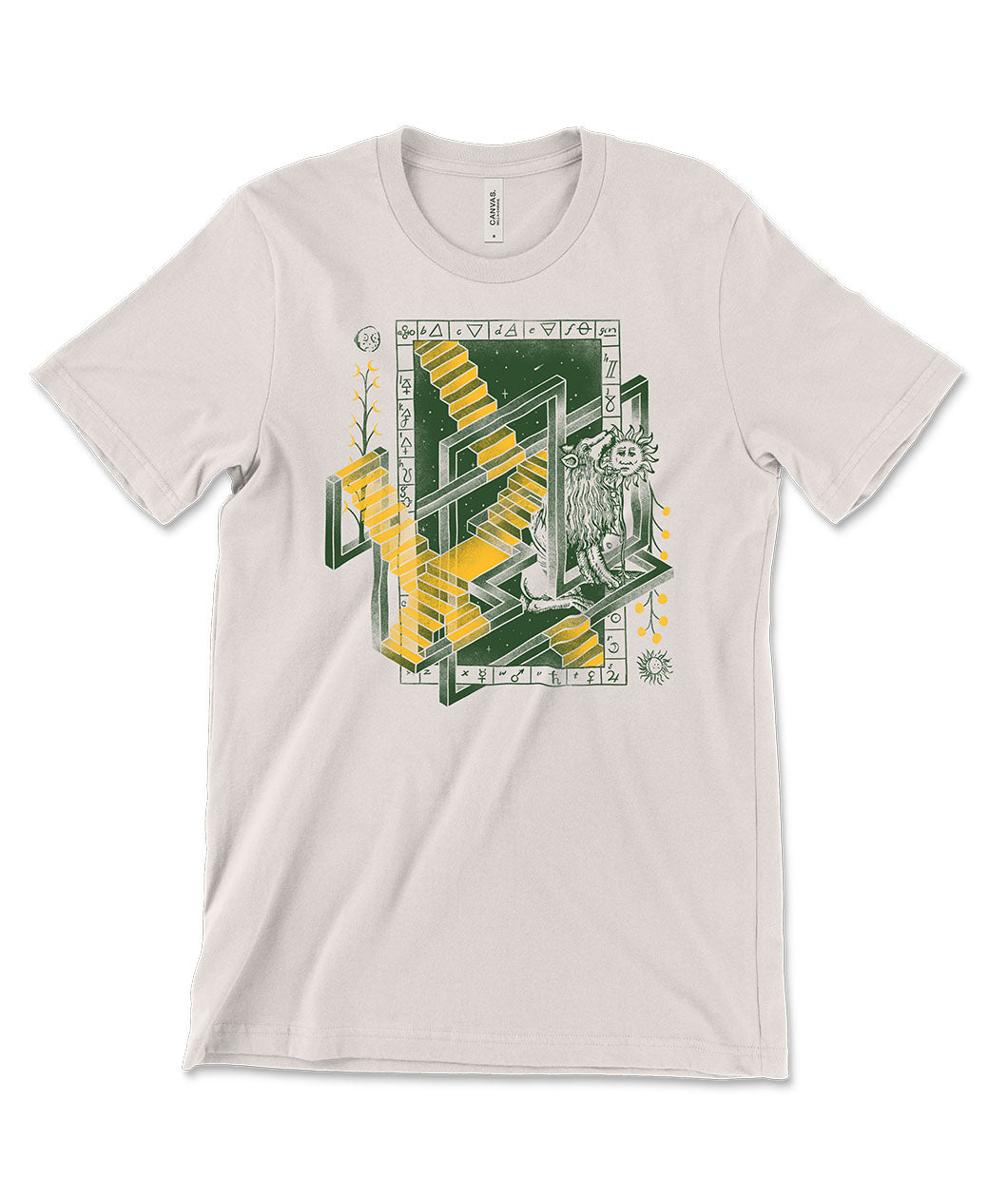 A mockup of an off-white t-shirt with a graphic in green and yellow featuring various alchemical symbols. From SciShow.