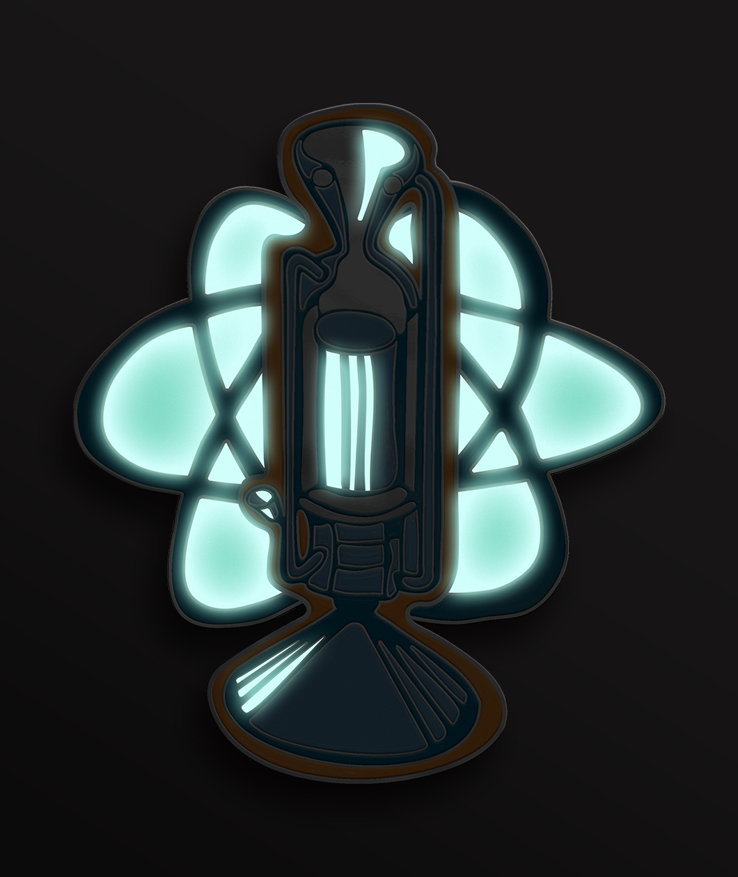 A glow in the dark teal, blue, orange and silver pin of the NERVA for the Scishow Space April pin of the month.