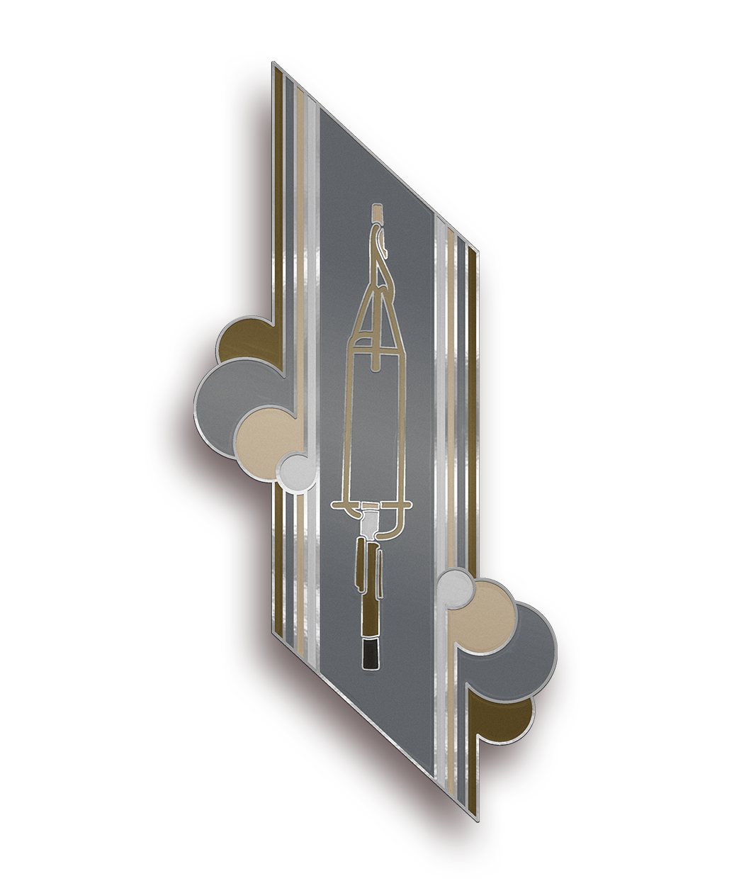 A long rhombus pin in tones of grey and brown that feature the Nell the Skeleton Rocket in the center. Scishow pin of the month for May.