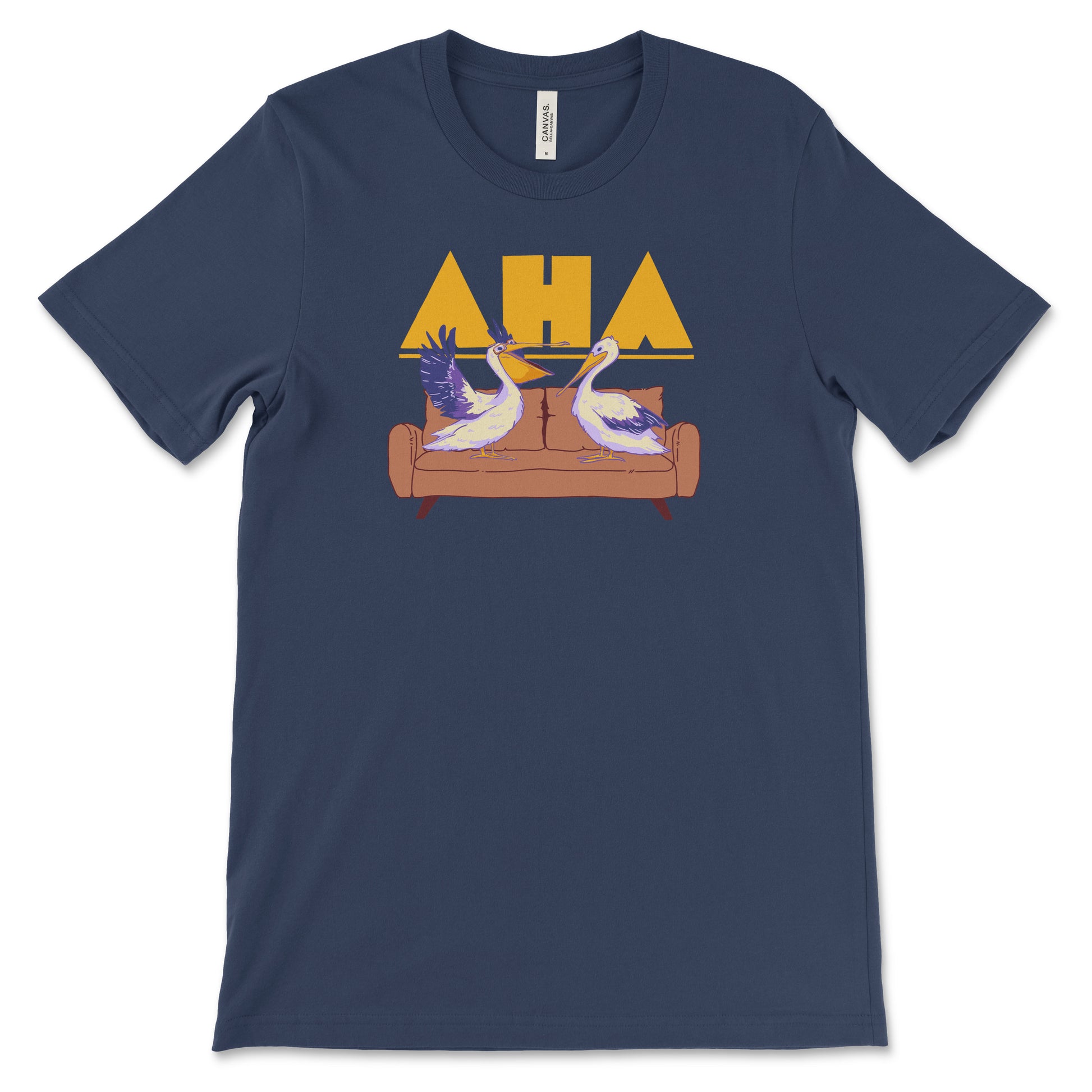A digital mockup of a navy tshirt featuring a design of two pelicans on a couch. One wears glasses and has its wings spread as if gesturing. The Ask Hank Anything logo is behind them.