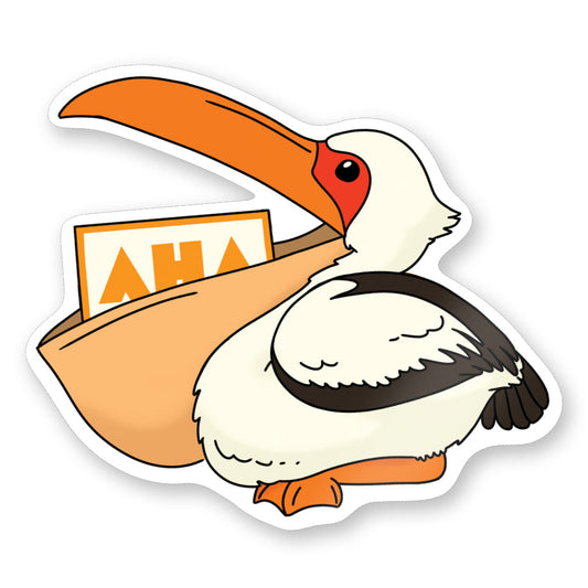 Digital mockup of a sticker. It depicts a round pelican opening its mouth to show an Ask Hank Anything question card.