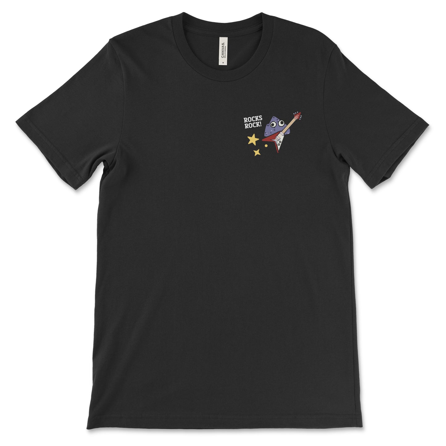 A shirt mockup with a left chest design of a googly eyed rock with a guitar and the text "Rocks Rock!"