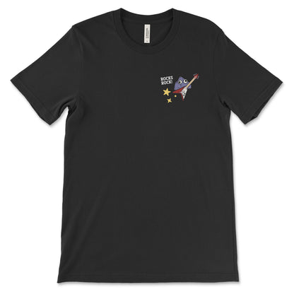 A shirt mockup with a left chest design of a googly eyed rock with a guitar and the text "Rocks Rock!"