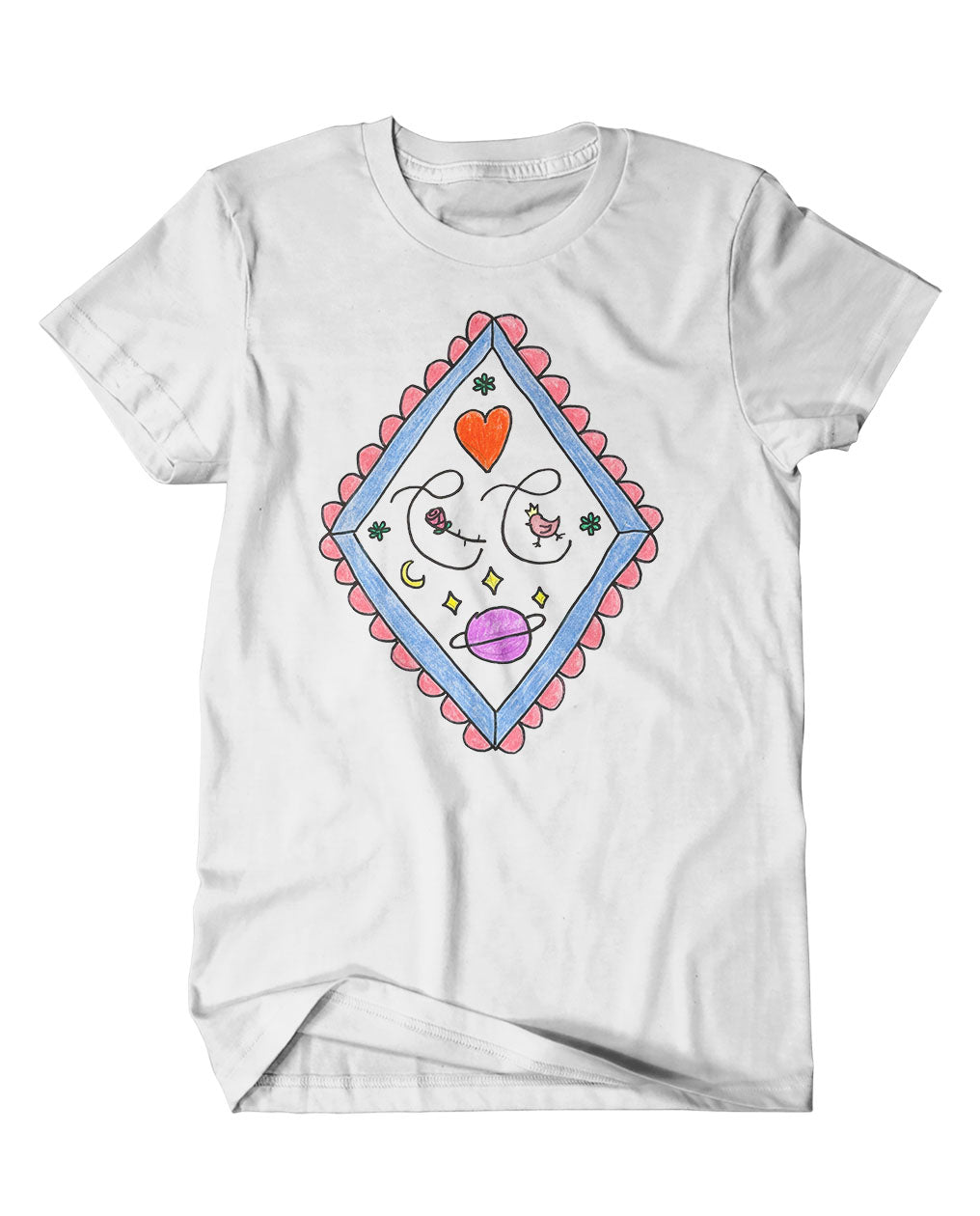 A mockup of an off-white t-shirt with a design featuring a blue and pink hand drawn reinterpretation of the Crash Course logo. The "C"s are in script, and the diamond has been outlined in a scallop design with small doodles inside it.