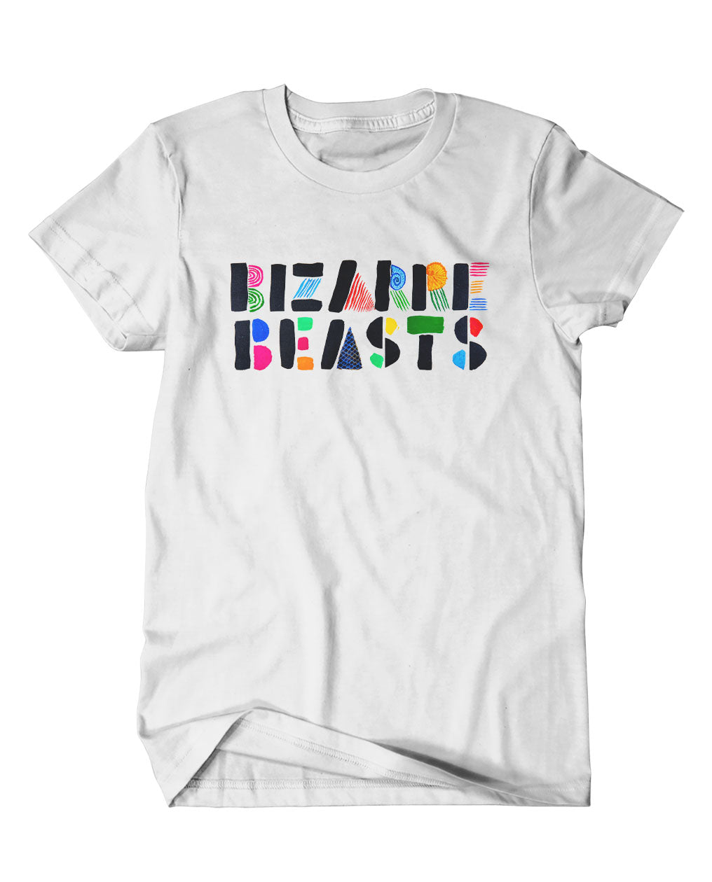 A mockup of an off-white t-shirt with a design featuring a hand drawn Bizarre Beasts logo in a variety of colors.