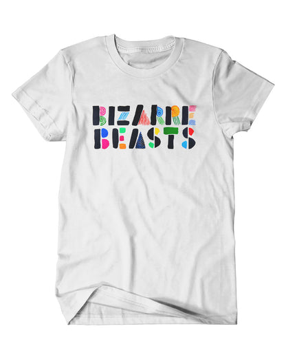 A mockup of an off-white t-shirt with a design featuring a hand drawn Bizarre Beasts logo in a variety of colors.