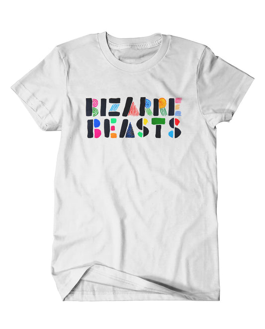 A mockup of an off-white t-shirt with a design featuring a hand drawn Bizarre Beasts logo in a variety of colors.