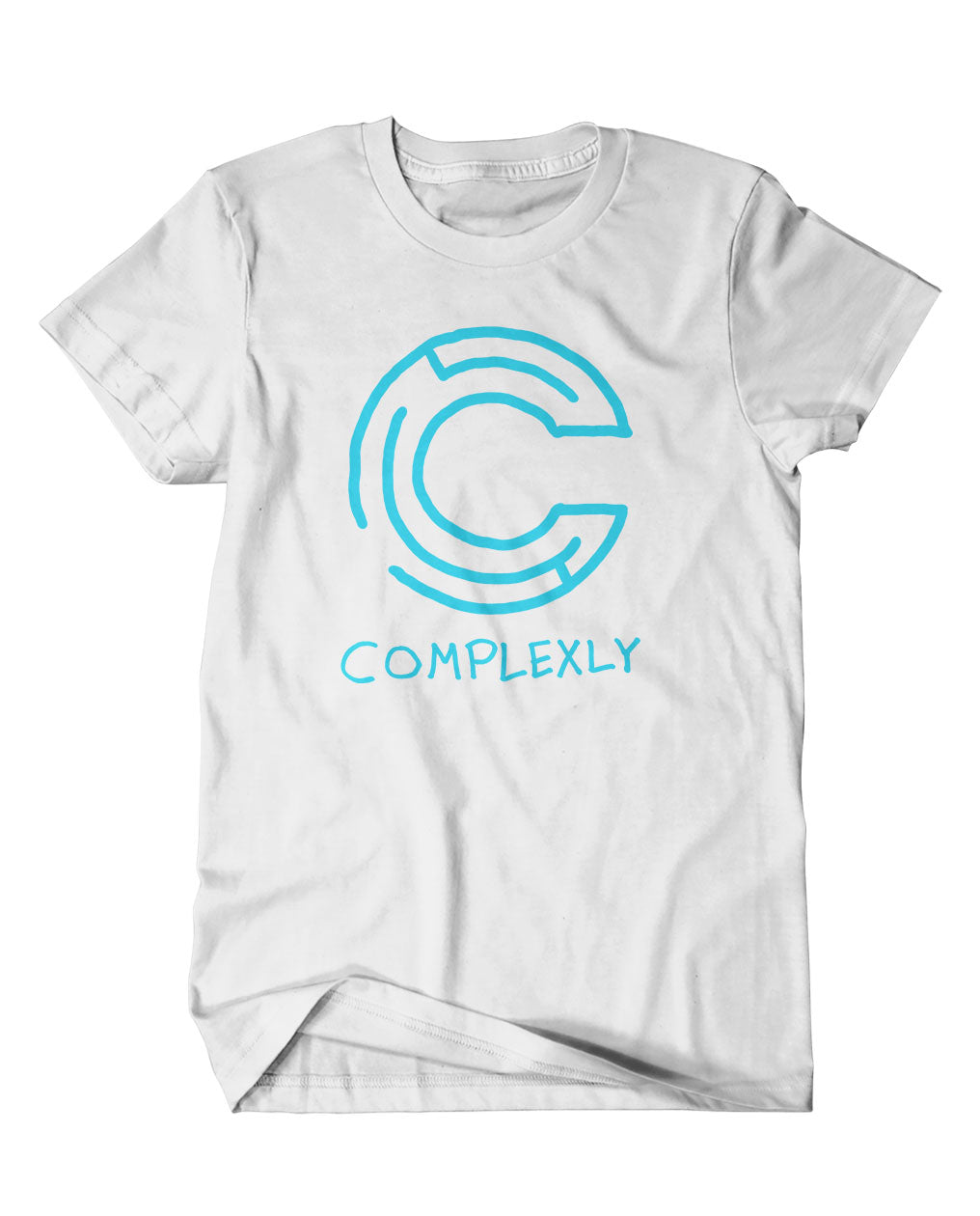 A mockup of an off-white t-shirt with a design featuring a blue hand drawn Complexly logo. From Complexly.
