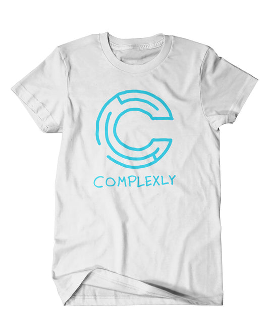 A mockup of an off-white t-shirt with a design featuring a blue hand drawn Complexly logo. From Complexly.