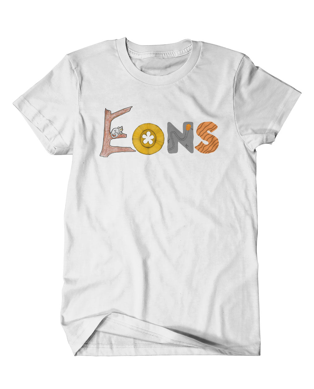 A mockup of an off-white t-shirt with a design featuring a hand drawn Eons logo in a variety of colors.