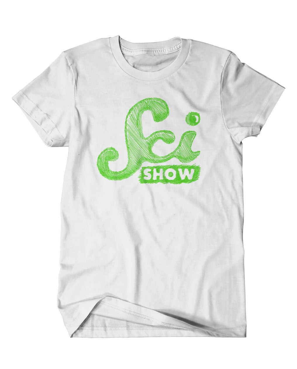 A mockup of an off-white t-shirt with a design featuring a hand drawn green SciShow logo.