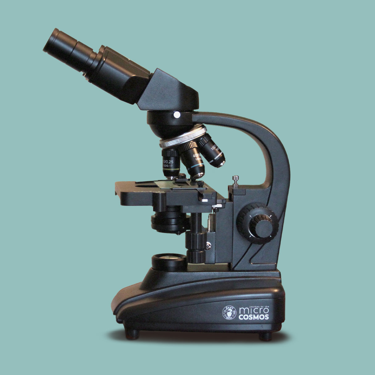 Photograph of a black microscope