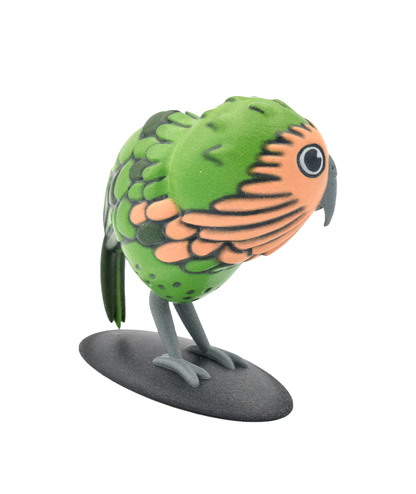 A 3d printed kakapo with a tan face, gray beak, with green and dark green feathers, dark gray legs, standing on a black disc base - from Bizarre Beasts