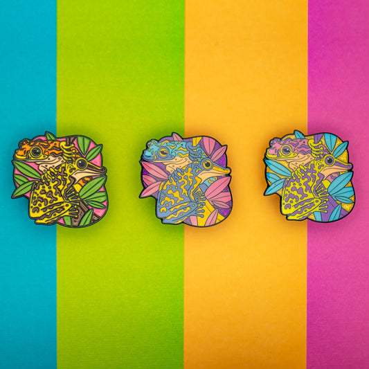 A photo of 3 soft enamel pins featuring Venomous Frogs on a colorful striped background. The first has yellow and brown frogs, the second has yellow and blue frogs with a glittery purple background, and the third has green and purple frogs with a glittery background. 