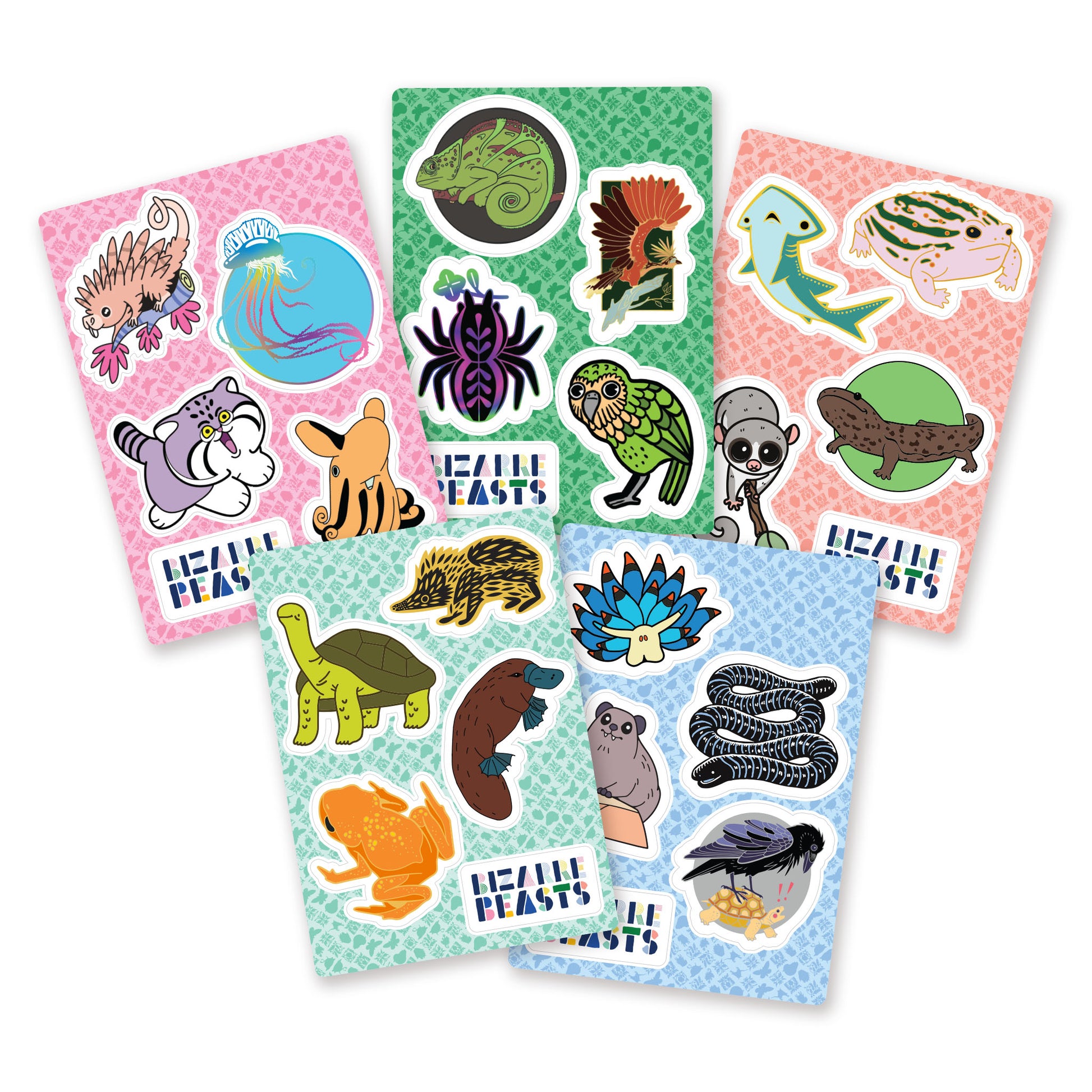A digital mockup of 5 different colorful sticker sheets featuring 4 animal designs each.