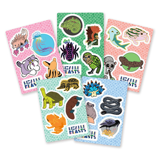 A digital mockup of 5 different colorful sticker sheets featuring 4 animal designs each.