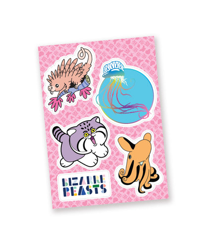 A mockup of a sticker sheet featuring designs of one Prehensile Tail Porcupine, one Man o' War, one Pallas's Cat, and one Dumbo Octopus.