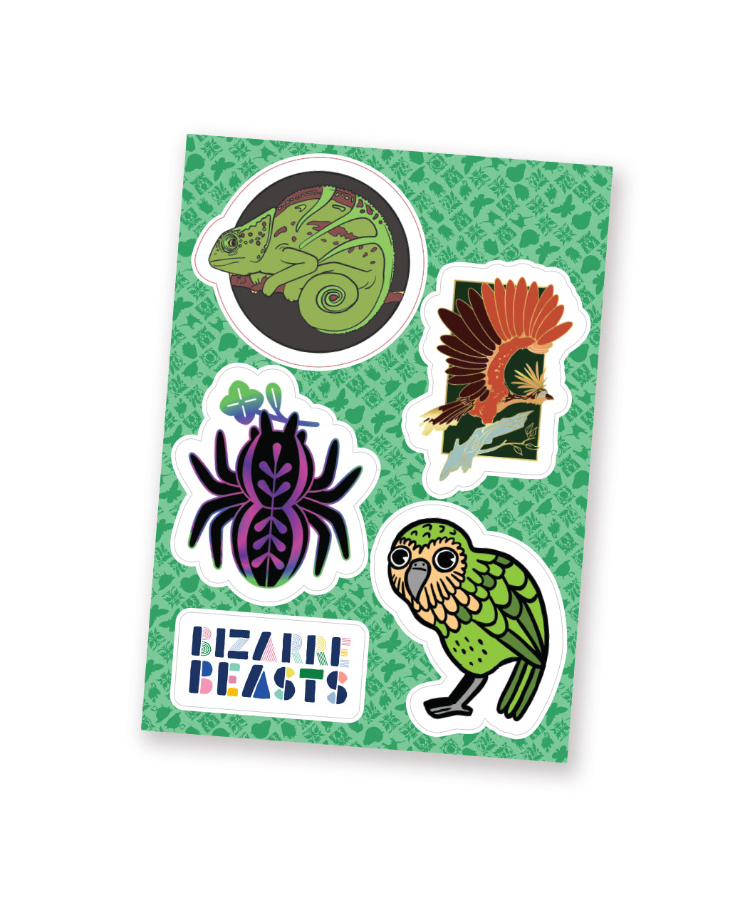 A mockup of a sticker sheet featuring designs of one Kākāpō, one Bagheera kiplingi, one Hoatzin, and one Chameleon.