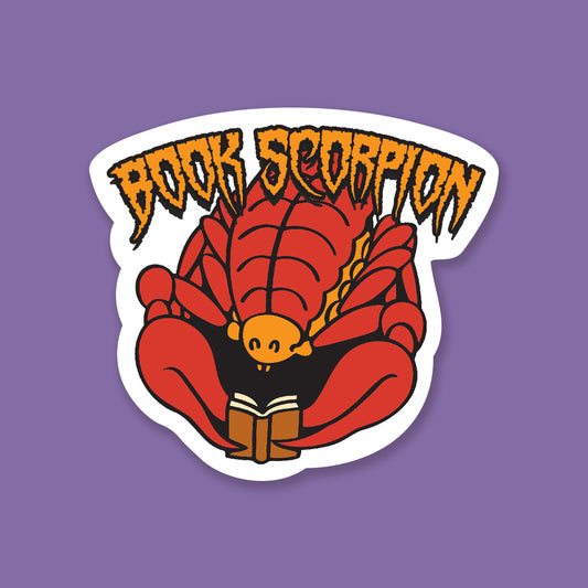 A sticker of a red pseudoscorpion holding a little brown book. Above the pseudoscorpion is text that reads, "Book Scorpion." From Bizarre Beasts.