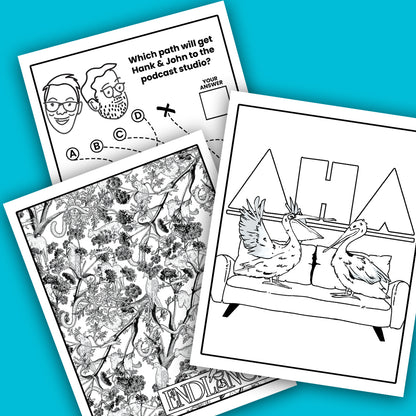 A digital mockup featuring previews of 3 pages from the Complexly Coloring & Activity Book.