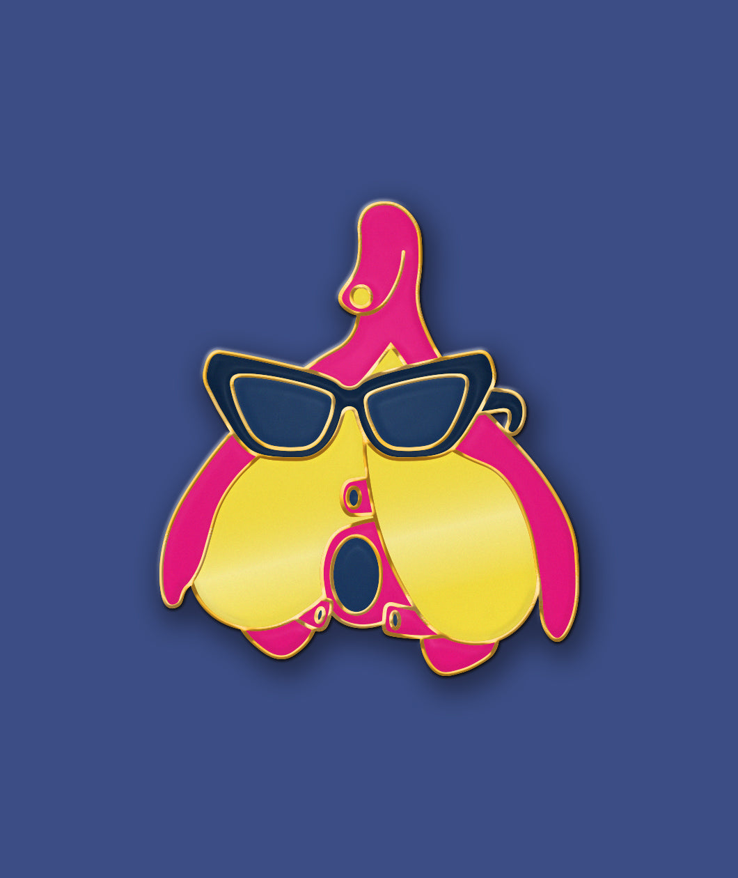 An enamel pin of an anatomically correct clitoris organ wearing sunglasses. The clitoris' parts are pink and yellow. From Crash Course.