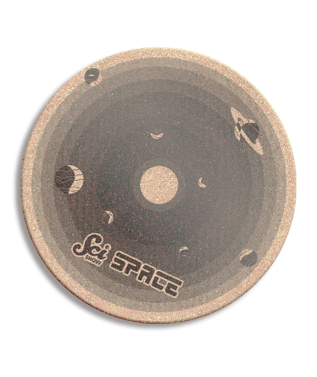 A round cork board with shades of gray, showing the different planets. It says "Scishow Space" on the outer edge.