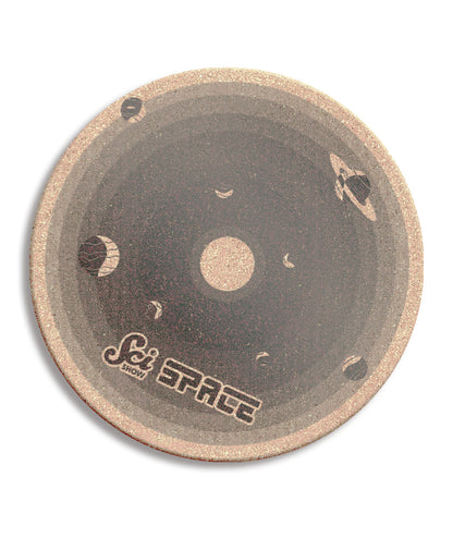 A round cork board with shades of gray, showing the different planets. It says "Scishow Space" on the outer edge.