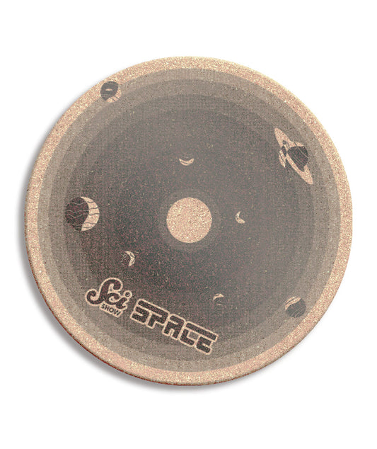 A round cork board with shades of gray, showing the different planets. It says "Scishow Space" on the outer edge.