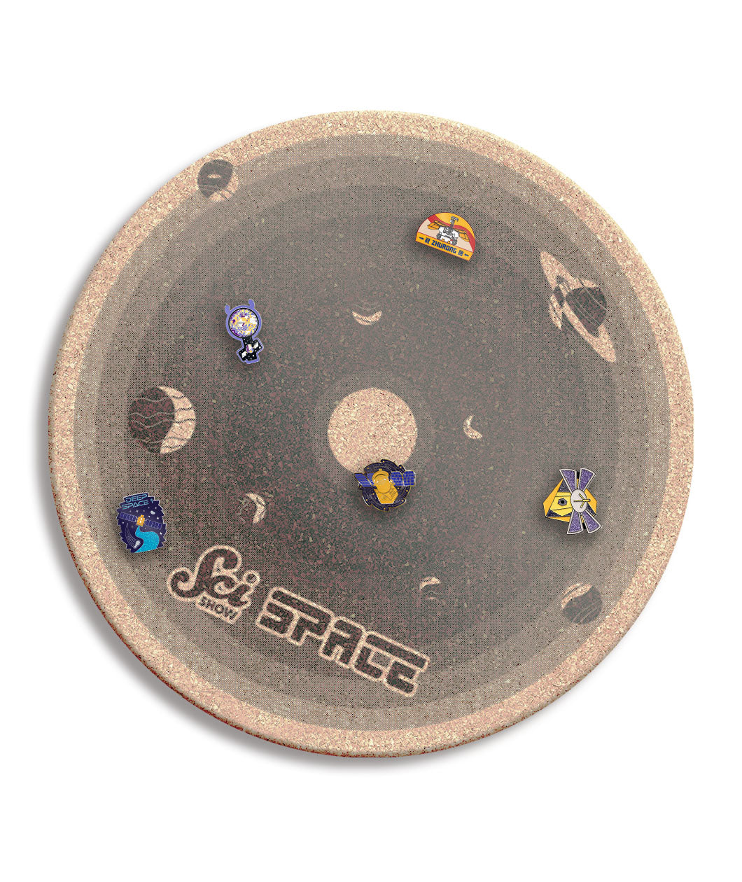 A round cork board with shades of gray, showing the different planets with different Scishow Space pins attached. It says "Scishow Space" on the outer edge.