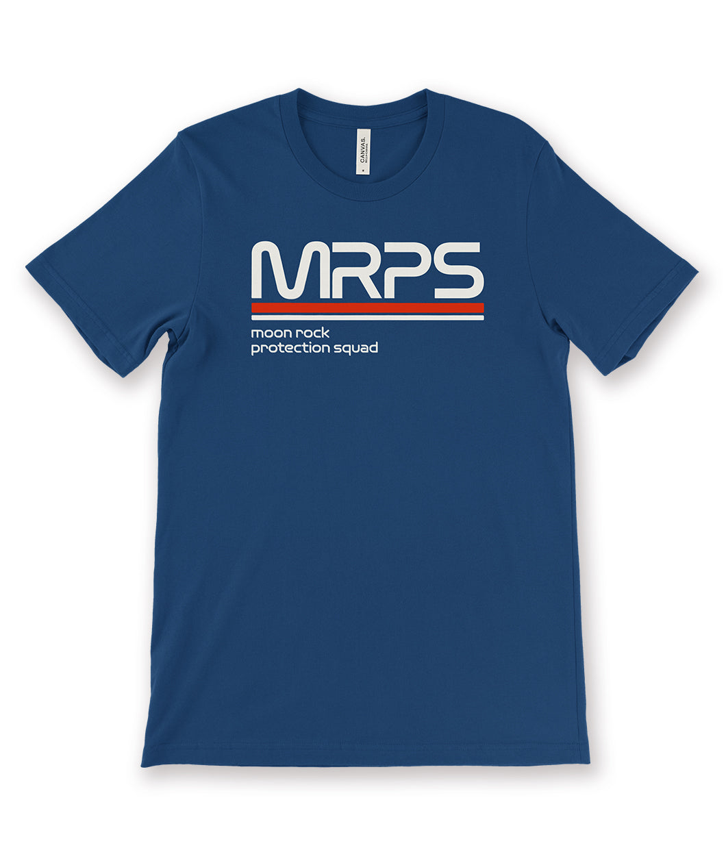 A blue t-shirt with a text-based design on the chest. The design reads "MRPS" in big text and "moon rock protection squad" in smaller text underneath it. From SciShow.