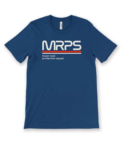 A blue t-shirt with a text-based design on the chest. The design reads "MRPS" in big text and "moon rock protection squad" in smaller text underneath it. From SciShow.