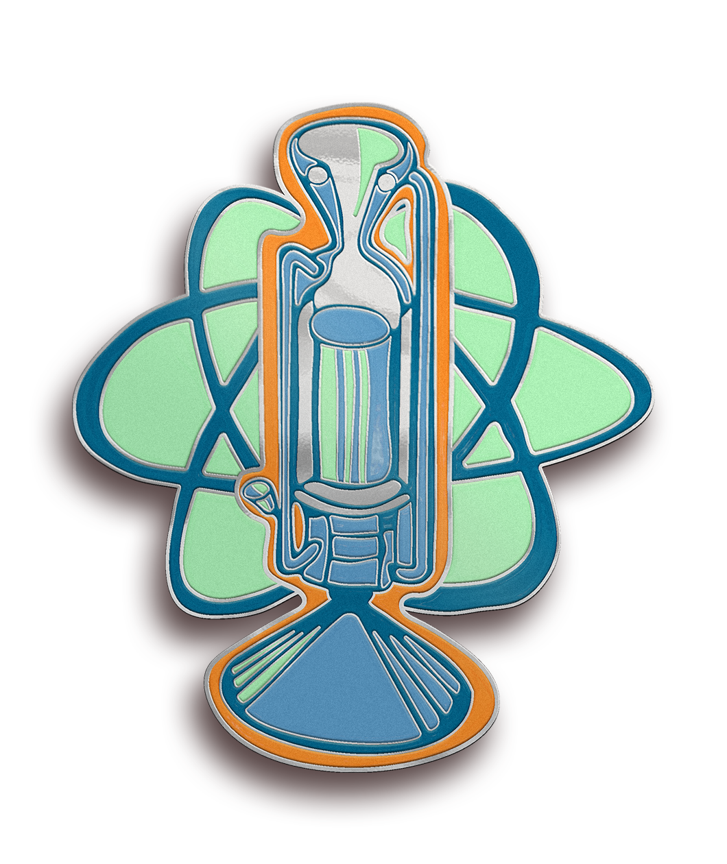 A teal, blue, orange and silver pin of the NERVA for the Scishow Space April pin of the month. 