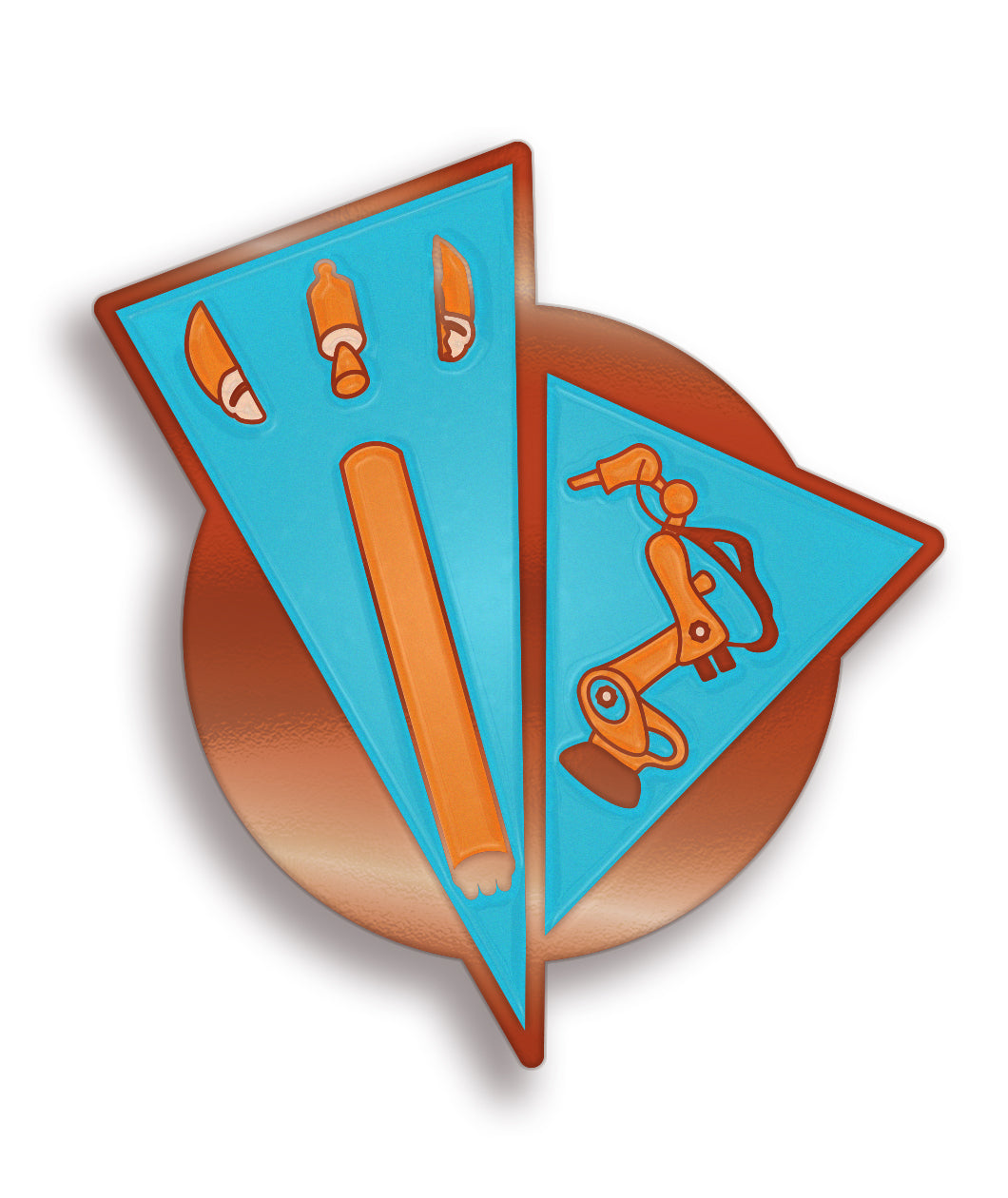 The Scishow Pin of the Month for August is an orange gold pin with two blue triangles with an orange microscope and other shapes.