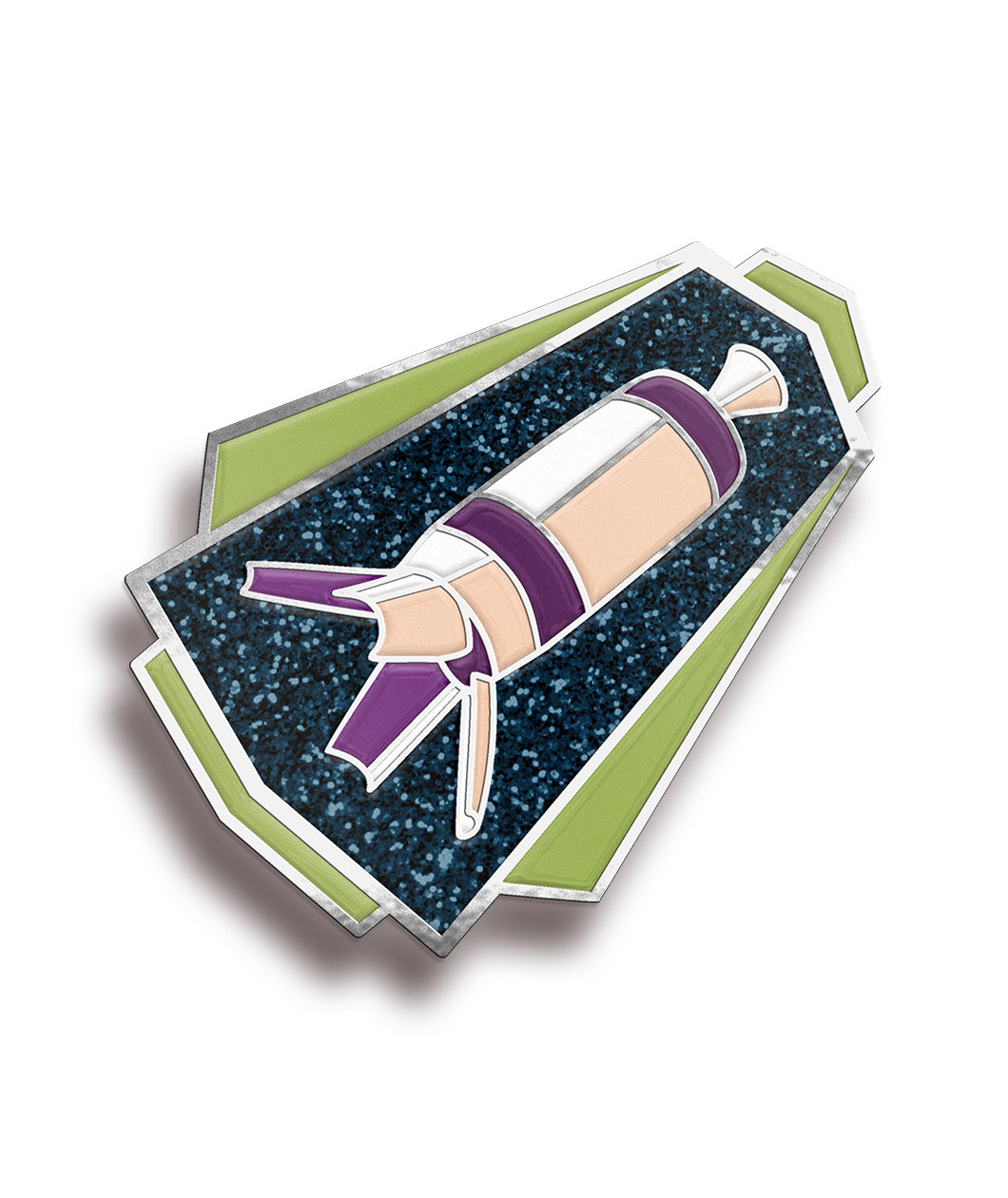 The Scishow Pin of the Month for March is shaped like a rocket showing the S-IVB in the middle in light pink, white and purple. Surrounding that is a dark blue sparkly background with green accents on the side.