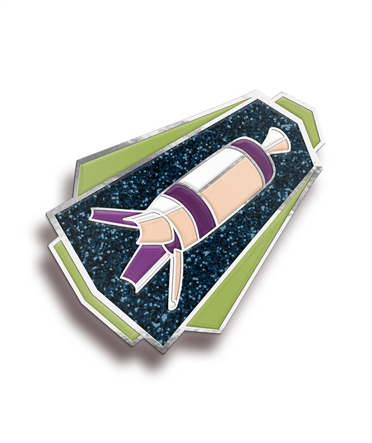 The Scishow Pin of the Month for March is shaped like a rocket showing the S-IVB in the middle in light pink, white and purple. Surrounding that is a dark blue sparkly background with green accents on the side.