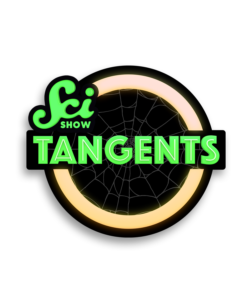 A sticker of the Scishow Tangents logo with bright green font and a spiderweb in the center circle.